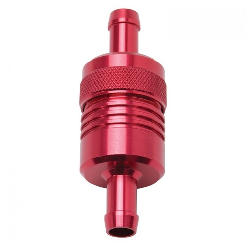 Edelbrock Fuel Filter, Aluminium Street, Inline, Red Anodized, Sintered Bronze Element, 3/8 in. Hose Barb Inlet/Outlet