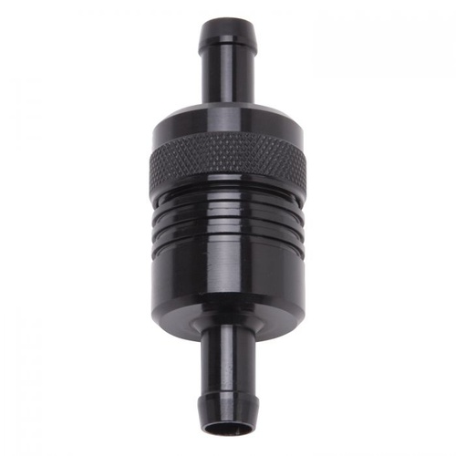 Edelbrock Fuel Filter, Aluminium Street, Inline, Black Anodized, Sintered Bronze Element, 3/8 in. Hose Barb Inlet/Outlet