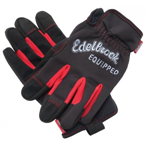 Edelbrock Gloves, Mechanics, Single Layer, Black with Red, Large, Equipped Logo in White, Pair