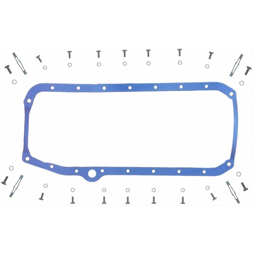 FELPRO Oil Pan Gasket, 1-Piece, Rubber/Steel Core, For Chevrolet, Small Block, L/H Dipstick, Thin Seal, Each