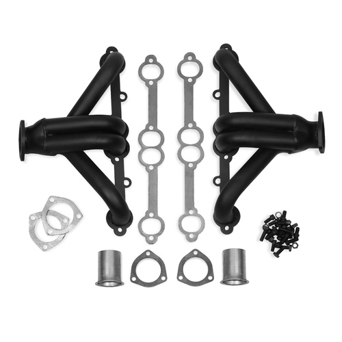 Flowtech Headers, 2.50 inch Collector Dia., Block Hugger, 1-5/8 inch Tube Dia., For Chevrolet Small Block Gen I, Black Paint, Set