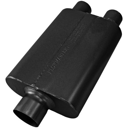 Flowmaster Muffler, 40 Series Delta Flow, 3/2.5 in. Dia., 19 in. Length, Center/Dual, Universal, 409 Stainless Steel, Black, Paint, Each