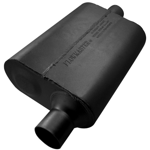 Flowmaster Muffler, 40 Series Delta Flow, 2.25/2.25 in. Dia., 19 in. Length, Offset/Center, Universal, Aluminized Steel, Black, Paint, Each
