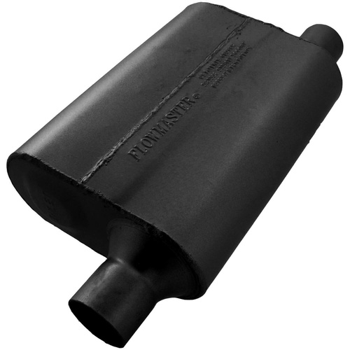 Flowmaster Muffler, 40 Series Delta Flow, 2.25/2.25 in. Dia., 19 in. Length, Offset/Offset, Universal, Aluminized Steel, Black, Paint, Each