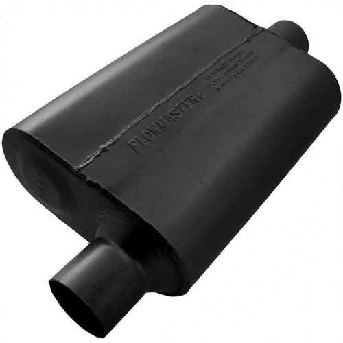 Flowmaster Muffler, 40 Series Delta Flow, 2.5/2.5 in. Dia., 19 in. Length, Offset/Center, Universal, Aluminized Steel, Black, Paint, Each