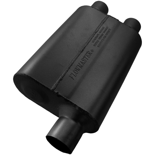 Flowmaster Muffler, 40 Series Delta Flow, 2.5/2.25 in. Dia., 19 in. Length, Offset/Dual, Universal, Aluminized Steel, Black, Paint, Each