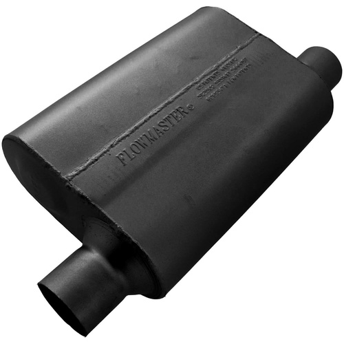 Flowmaster Muffler, 40 Series Delta Flow, 2.5/2.5 in. Dia., 19 in. Length, Offset/Offset, Universal, Aluminized Steel, Black, Paint, Each