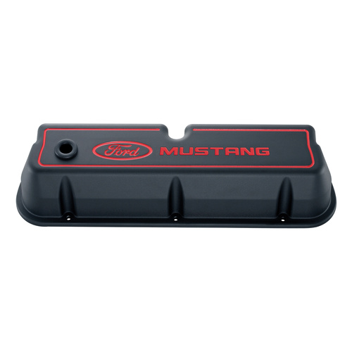 Ford Performance Parts Valve Covers, Tall, Cast Aluminium, Black Crinkle, Red For Ford Mustang Logo, For Ford, Small Block, 351W, Pair