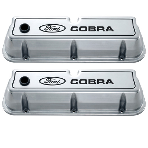 Ford Performance Parts For Ford COBRA DIE-CAST ALUM VALVE COVERS, POLISHED, BLACK RECESSED EMBLEMS.
