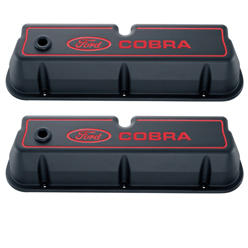 Ford Performance Parts For Ford COBRA DIE-CAST ALUM VALVE COVERS, BLACK CRINKLE, RED RECESSED EMBLEMS.