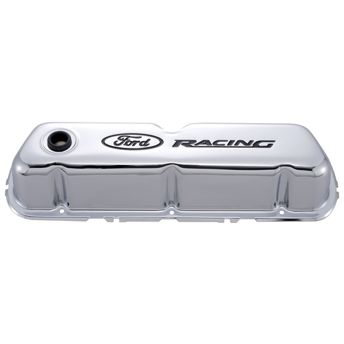 Ford Performance Parts Valve Covers, Steel, Chrome, Black For Ford Racing Logo, For Ford, Small Block, 351W, Pair
