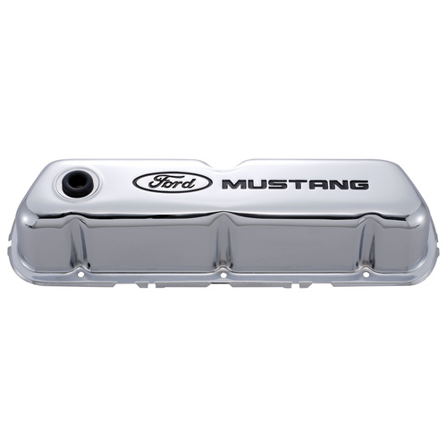 Ford Performance Parts Valve Covers, Steel, Chrome, Black For Ford Mustang Logo, For Ford, Small Block, 351W, Pair