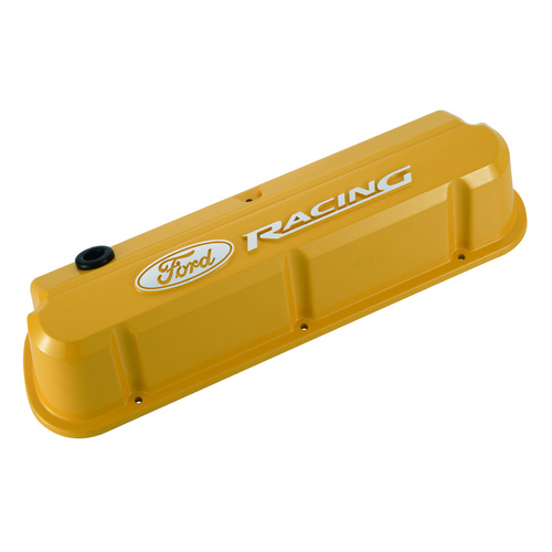 Ford Performance Parts Valve Covers, Slant-Edge, Tall, Yellow, For Ford Racing Logo, For Ford, For Mercury, Small Block Windsor, Pair