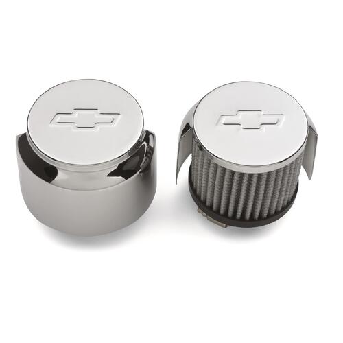 GM Performance Valve Cover Breathers, Chrome, Clamp-on, Chevrolet Bowtie Log, Two Breathers, Chevy,