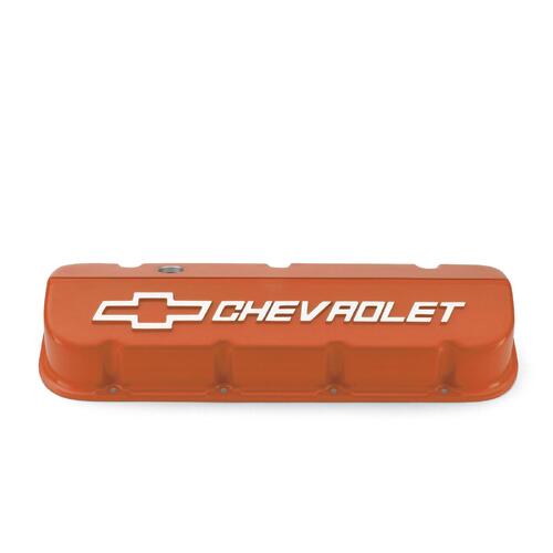GM Performance Valve Covers, Tall, Cast Aluminum, Orange Powdercoated, Chevrolet Logo, Chevy, Big