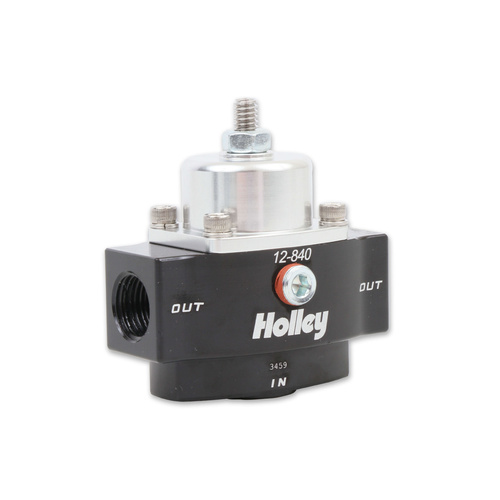 Holley Fuel Pressure Regulator, HP Billet, 4 1/2 to 9 psi., Female 3/8 in. NPT Inlet/Two Outlets, Black/Clear