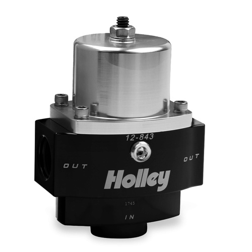 Holley Fuel Pressure Regulator, HP Billet, Aluminium, Black/Clear, 4.5 to 9 psi, -10 AN Inlet, Two -8 AN Outlets, Each