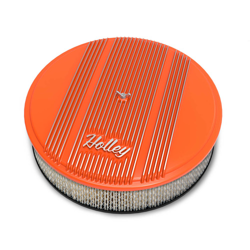 Holley Air Cleaner, 14 in. Dia., 3 inch Height, White Paper, Factory Orange, Cast Aluminum, w/ Script Logo, Each