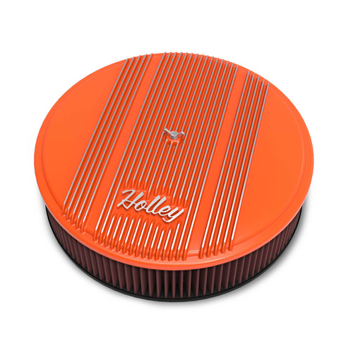 Holley Air Cleaner, 14 in. Dia, 3 inch Height, Red Washable, Factory Orange, Cast Aluminum, w/ Script Logo, Each