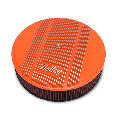 Holley Air Cleaner, 14 in. Dia., 3 inch Height, Red Washable, Factory Orange, Cast Aluminum, w/ Script Logo, Each