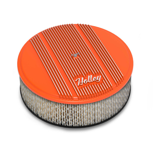 Holley Air Cleaner, 14 in. Dia., 4 inch Height, White Paper, Factory Orange, Cast Aluminum, w/ Script Logo, Each