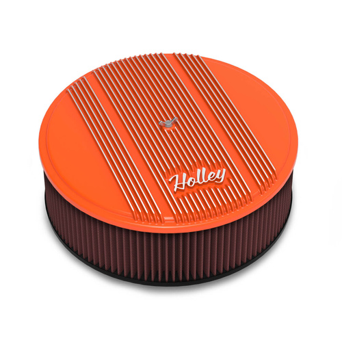 Holley Air Cleaner, 14 in. Dia., 4 inch Height, Red Washable, Factory Orange, Cast Aluminum, w/ Script Logo, Each