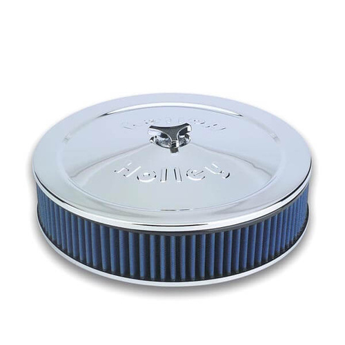 Holley Air Cleaner, 14 in. Dia, 3 in. Height, Blue Washable, Chrome, Stamped Steel, Each