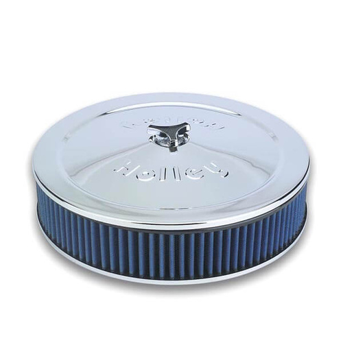 Holley Air Cleaner, 14 in. Dia., 3 in. Height, Blue Washable, Chrome, Stamped Steel, Each