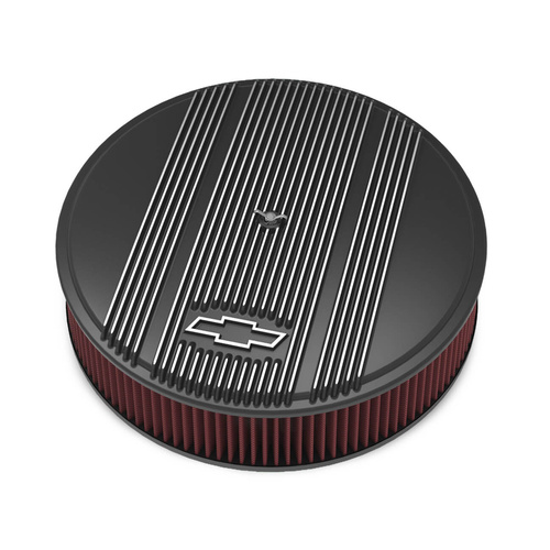 Holley Air Cleaner, 14 in. Dia, 3 in. Height, Red Washable, Satin Black Machined, Cast Aluminum, w/ GM Bowtie Logo, Each