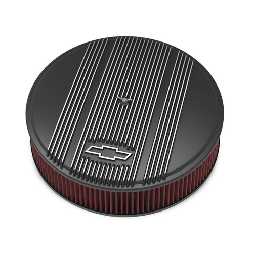 Holley Air Cleaner, 14 in. Dia., 3 in. Height, Red Washable, Satin Black Machined, Cast Aluminum, w/ GM Bowtie Logo, Each