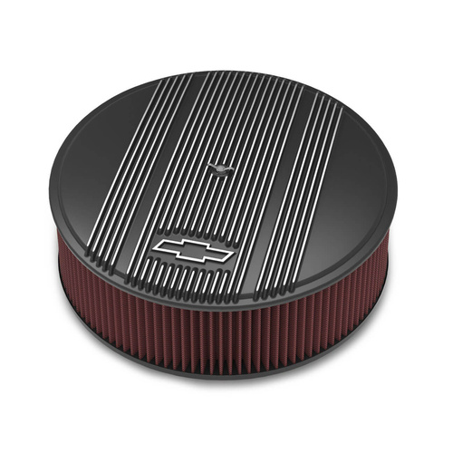 Holley Air Cleaner, 14 in. Dia, 4 in. Height, Red Washable, Satin Black Machined, Cast Aluminum, w/ GM Bowtie Logo, Each