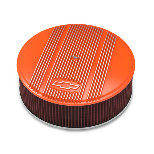 Holley Air Cleaner, 14 in. Dia., 4 in. Height, Red Washable, Factory Orange, Cast Aluminum, w/ GM Bowtie Logo, Each