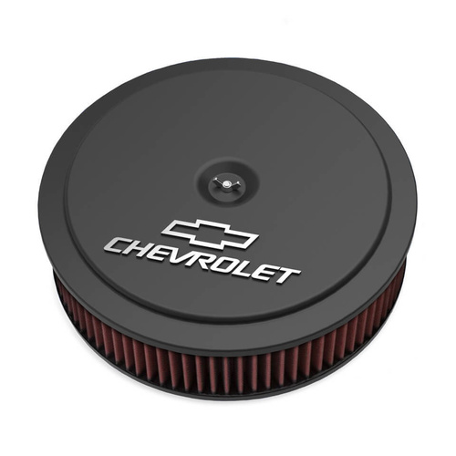 Holley Air Cleaner, 14 in. Dia, 3 in. Height, Red Washable, Satin Black Machined, Cast Aluminum, w/ GM Bowtie Logo, Each