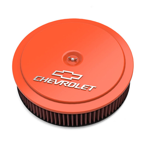 Holley Air Cleaner, 14 in. Dia., 3 in. Height, Red Washable, Factory Orange, Cast Aluminum, w/ GM Bowtie Logo, Each