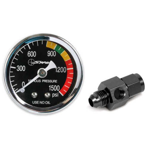 Sniper Gauge, Nitrous Pressure, 0-1, 500 psi, 1 1/2 in, Analog, Mechanical, Black Face, Dry, w/ 4AN Adapter, Each