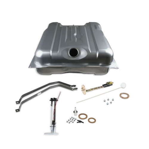 Sniper Fuel Tank, 255 LPH, 73-10 Ohms, Gasoline, 1970-74 For Plymouth Barracuda, Cuda, Steel, Silver, Powdercoated, Kit