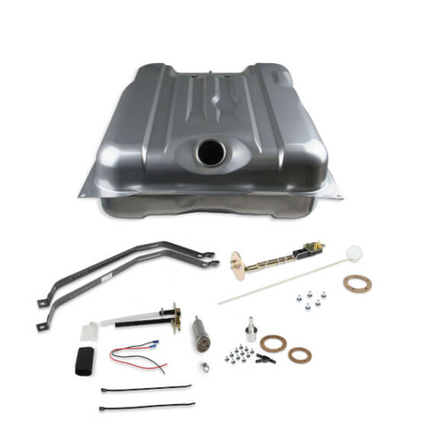 Sniper Fuel Tank, 18 Gallon, 400 LPH, 73-10 Ohms, Gasoline, 1970-74 For Plymouth Barracuda, Cuda, Steel, Silver, Powdercoated, Kit