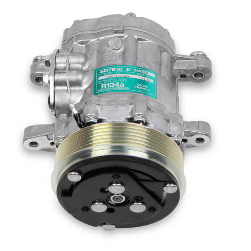 Holley Air Conditioning Compressor, Sanden SD-7 Type, Aluminium, Natural, Clutch, 6-Groove, Serpentine Pulley, Each