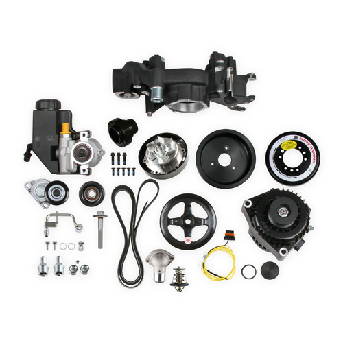 Holley Accessory Drive System, Mid-mount, 6-groove, Serpentine, Alternator, Power Steering Pump, Tensioner, SFI Damper, Black, For Chevrolet, LS, Kit