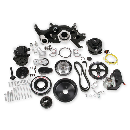 Holley Accessory Drive System, Mid-Mount, Alternator, A/C Compressor, SFI Damper, P/S Pump, Waterpump, Belt, Hardware, Black, For Chevrolet, LS7, Kit