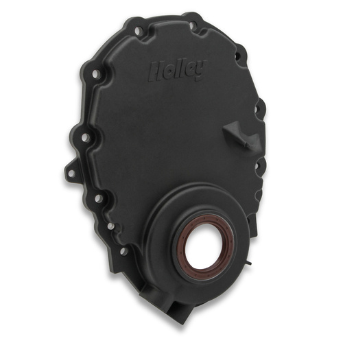 Holley Vortec/Small Block Timing Chain Cover w/o Crank Sensor provision Black Finish w/ logo (Carb)