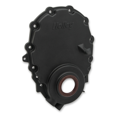 Holley Vortec/Small Block Timing Chain Cover w/Crank Sensor provision Black Finish w/ logo (EFI)