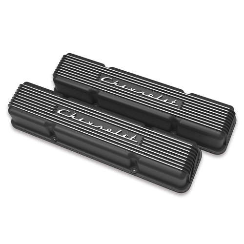 Holley Valve Cover, Vintage Series, GM Licensed, 3.3 in. Height, Small Block For Chevrolet, Cast Aluminum, Satin Black Machined, Pair