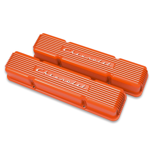 Holley Valve Cover, Vintage Series, GM Licensed, 3.3 in. Height, Small Block For Chevrolet, Cast Aluminum, Factory Orange, Pair