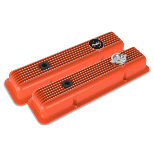 Holley Valve Cover, Muscle Series, Small Block For Chevrolet, Cast Aluminum, Factory Orange, Pair