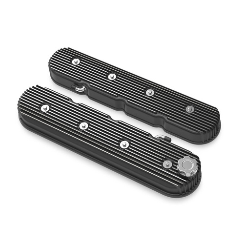 Holley Valve Cover, Vintage Series, Finned, Tall Height, GM LS Engines, Cast Aluminum, Satin Black Machined, Pair