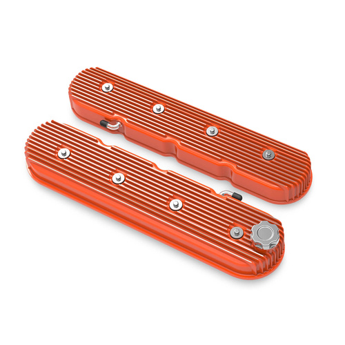 Holley Valve Cover, Vintage Series, Finned, Tall Height, GM LS Engines, Cast Aluminum, Factory Orange, Pair