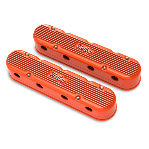 Holley Valve Cover, Vintage Series, 3.75 in. Height, GM LS Engines, Cast Aluminum, Factory Orange, Pair