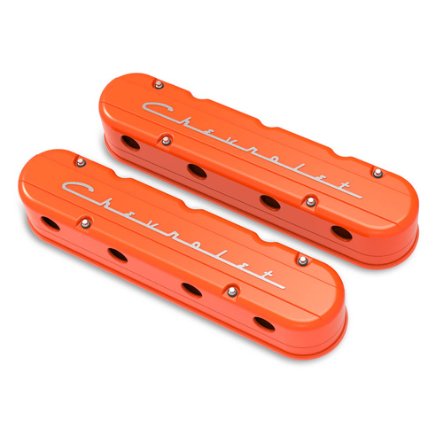 Holley Valve Cover, For Chevrolet Script, 3.75 in. Height, GM LS Engines, Cast Aluminum, Factory Orange, Pair