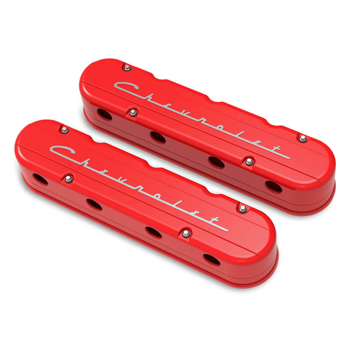 Holley Valve Cover, For Chevrolet Script, 3.75 in. Height, GM LS Engines, Cast Aluminum, Gloss Red, Pair